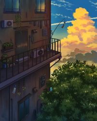 Rule 34 | air conditioner, building, cloud, contrail, day, door, highres, mizuasagi, no humans, original, outdoors, plant, potted plant, railing, scenery, sky, tree, vines, wind chime, window