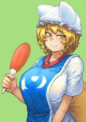 Rule 34 | 1girl, animal ears, animal hat, blonde hair, breasts, chanta (ayatakaoisii), closed mouth, commentary request, fox ears, fox tail, green background, hand fan, hat, highres, holding, holding fan, large breasts, looking at viewer, mob cap, multiple tails, paper fan, shirt, short hair, short sleeves, simple background, slit pupils, solo, sweat, sweatdrop, tabard, tail, touhou, upper body, wet, wet clothes, white shirt, yakumo ran, yellow eyes