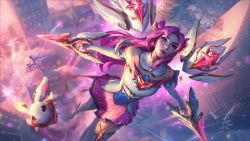 Rule 34 | absurdres, alternate hair color, bare shoulders, city, detached collar, detached sleeves, dress, facial tattoo, floating, floating object, hair horns, highres, kai&#039;sa, league of legends, lipstick, long hair, makeup, official alternate costume, official art, pink eyes, pink hair, rabbit, solo, star guardian (league of legends), star guardian kai&#039;sa, tattoo, thighhighs