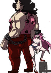 Rule 34 | 1boy, 1girl, absurdres, black hair, blue eyes, breasts, chain, choker, cleavage, curly hair, final fight, hat, height difference, highres, hugo andore, long hair, makai, midriff, muscular, peaked cap, pink hair, poison (final fight), red footwear, riding crop, shoes, smile, strapless, street fighter, street fighter iii (series), tank top, tube top
