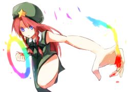 Rule 34 | 1girl, adapted costume, blue eyes, bow, braid, chinese clothes, clenched hands, female focus, hair bow, hat, hong meiling, long hair, red hair, shiroshi (denpa eshidan), sleeveless, solo, star (symbol), touhou, twin braids, very long hair, white background