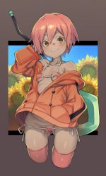 Rule 34 | 1girl, breasts, character request, closed mouth, collagen, female focus, flower, jacket, looking at viewer, short hair, small breasts, smile, solo, swimsuit, thighhighs, weapon