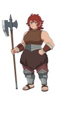 Rule 34 | 1girl, arm guards, armor, axe, bare shoulders, dungeon meshi, dwarf, full body, fur trim, hand on own hip, highres, holding, holding axe, leather armor, looking at viewer, medium hair, muscular, muscular female, namari (dungeon meshi), official art, pelt, red hair, sandals, simple background, solo, tachi-e, transparent background