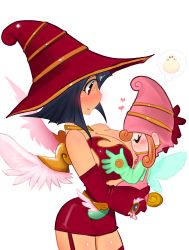 Rule 34 | 2girls, absurdres, angel wings, apple magician girl, artist request, berry magician girl, blue hair, blush, bob cut, breast sucking, breastfeeding, breasts, breasts squeezed together, duel monster, fairy wings, garter straps, heart, highres, magician&#039;s hat, marshmallon, multiple girls, orange hair, source request, spoken heart, thought bubble, wings, yu-gi-oh!, yu-gi-oh! the dark side of dimensions