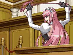Rule 34 | 1girl, ace attorney, adapted costume, cosplay, courtroom, crop top, crown, fate/grand order, fate (series), franziska von karma (cosplay), juliet sleeves, franziska von karma, long hair, long sleeves, medb (fate), medb (fate), nekoyashiki pushio, parody, pink hair, pixel art, puffy sleeves, riding crop, smile, solo