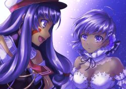 Rule 34 | 2girls, ahoge, ascot, beads, breasts, cleavage, commentary request, dark-skinned female, dark skin, detached collar, detached sleeves, facial mark, fate/grand order, fate (series), hair beads, hair ornament, hassan of serenity (fate), hassan of serenity (lostroom outfit) (fate), hat, idol, large breasts, lo lis, long hair, medium breasts, medium hair, multiple girls, nitocris (fate), nitocris (lostroom outfit) (fate), off shoulder, open mouth, purple background, purple eyes, purple hair, red ascot, smile, very dark skin