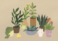 Rule 34 | :&lt;, animal, animal focus, ayu (mog), bird, brown background, chick, closed eyes, closed mouth, commentary request, flower, frog, mixed-language commentary, no humans, original, plant, potted plant, rabbit, red flower, signature, simple background, yellow flower
