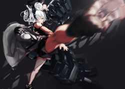 Rule 34 | 1girl, absurdres, arknights, black background, black footwear, boots, breasts, clenched hand, clothes around waist, disembodied limb, dora waku2, feater (arknights), floating hair, hair over one eye, highres, jacket, jacket around waist, kicking, mechanical hands, medium breasts, motion blur, open hand, silver hair, solo, yellow eyes