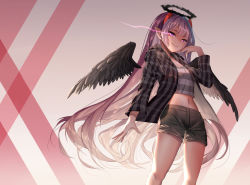 Rule 34 | 1girl, absurdres, black jacket, black shorts, breasts, cleavage, closed mouth, crop top, demon horns, feathered wings, glowing, glowing eye, grey shirt, halo, hand up, highres, hood, hood down, hooded jacket, horns, illian-san, jacket, light purple hair, long hair, long sleeves, looking at viewer, midriff, navel, negative space, open clothes, open jacket, original, pointy ears, purple eyes, shirt, short shorts, shorts, small breasts, smile, solo, standing, stomach, striped clothes, striped jacket, striped shirt, thighs, very long hair, wings