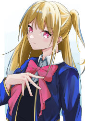 Rule 34 | 1girl, absurdres, alfa (alfa 20040925), black vest, blonde hair, blue background, blue jacket, blush, border, bow, bowtie, closed mouth, collared shirt, commentary, gradient background, hand up, highres, hoshino ruby, jacket, long hair, long sleeves, looking at viewer, mismatched pupils, one side up, open clothes, open jacket, oshi no ko, pink bow, pink bowtie, pink eyes, school uniform, screentones, shadow, shirt, sidelocks, solo, star-shaped pupils, star (symbol), symbol-shaped pupils, upper body, vest, white background, white border, white shirt, youtou high school uniform