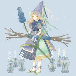 Rule 34 | 1girl, ankle strap, blonde hair, blue background, blush, dress, flower, full body, gloves, green eyes, hat, hat ribbon, highres, holding, holding flower, layered dress, looking at viewer, original, oversized flower, pleated dress, puffy short sleeves, puffy sleeves, ribbon, see-through, see-through sleeves, short sleeves, solo, star (symbol), stick, vase, witch, witch hat, yunoto (conceit)