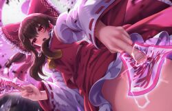 Rule 34 | 1girl, ascot, between fingers, blush, brown hair, detached sleeves, frilled hair tubes, frills, from below, hair tubes, hakurei reimu, highres, holding, japanese clothes, miko, ofuda, ofuda between fingers, open mouth, red eyes, red shirt, red skirt, shirt, sidelocks, skirt, solo, touhou, yellow ascot, yosshy