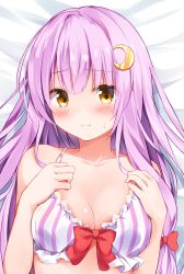 Rule 34 | 1girl, bad id, bad twitter id, bare shoulders, bed sheet, blunt bangs, blush, bow, bra, breasts, cleavage, closed mouth, collarbone, crescent, crescent hair ornament, frilled bra, frills, from above, frown, hair bow, hair ornament, hands on own chest, highres, hyurasan, long hair, looking at viewer, lying, on back, patchouli knowledge, pink hair, red bow, small breasts, solo, striped bra, striped clothes, sweater, touhou, underwear, upper body, vertical-striped bra, vertical-striped clothes, very long hair, yellow eyes