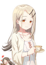 Rule 34 | 2girls, blonde hair, blush, brown hair, camisole, cup, earrings, gakuen idolmaster, hair ornament, hairclip, heart, highres, holding, holding cup, holding saucer, idolmaster, jacket, jewelry, kuramoto china, long hair, looking at viewer, multiple girls, open clothes, open jacket, orange eyes, saucer, shinosawa hiro, simple background, smile, solo focus, stud earrings, stuffed animal, stuffed toy, teacup, teddy bear, usagichama, white background
