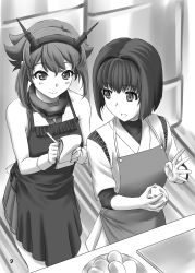 Rule 34 | 10s, 2girls, 3:, apron, cooking, cutting board, food, greyscale, headgear, highres, hyuuga (kancolle), ishii hisao, kantai collection, mechanical pencil, monochrome, multiple girls, mutsu (kancolle), notepad, page number, pencil, short hair, teaching, writing