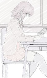 Rule 34 | 1girl, 7 calpis 7, blazer, blush, book, bow, bowtie, braid, breasts, closed mouth, desk, greyscale, hair between eyes, hair bow, highres, holding, holding book, indoors, jacket, long sleeves, looking at viewer, looking to the side, monochrome, open book, open clothes, open jacket, original, pleated skirt, school desk, school uniform, sidelocks, single braid, sitting, skirt, small breasts, solo, sweater vest, thighhighs, translation request, wavy mouth, window