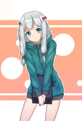 Rule 34 | 1girl, aqua sweater, blue eyes, bow, contrapposto, eromanga sensei, hair bow, highres, holding, holding pen, izumi sagiri, long hair, looking at viewer, mo (pixiv9929995), naked sweater, pen, red bow, silver hair, solo, standing, sweater