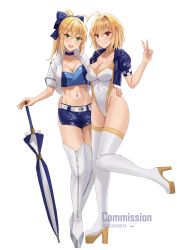 Rule 34 | alternate costume, arcueid brunestud, artoria pendragon (all), artoria pendragon (fate), belt, blonde hair, blue jacket, blue shorts, boots, breasts, cleavage, commission, company connection, crop top, cropped jacket, crossover, fate/grand order, fate (series), full body, green eyes, highleg, highleg leotard, highres, jacket, large breasts, leotard, long hair, official alternate costume, planted, planted umbrella, platform footwear, ponytail, race queen, red eyes, saber (fate), saber (type-moon racing) (fate), short hair, short shorts, shorts, simple background, skeb commission, smodzz998, standing, strapless, strapless leotard, thigh boots, thighhighs, tsukihime, type-moon, umbrella, v, white background, white belt, white jacket, white legwear, white leotard