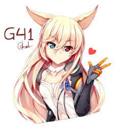 Rule 34 | 1girl, absurdres, animal ears, blonde hair, blue eyes, blue flower, blue rose, breasts, character name, chrisandita, closed mouth, collarbone, commentary, cropped torso, dress, flower, g41 (girls&#039; frontline), girls&#039; frontline, gloves, grey gloves, hair between eyes, hand up, head tilt, heart, heterochromia, highres, long hair, red eyes, rose, small breasts, solo, twitter username, very long hair, white background, white dress