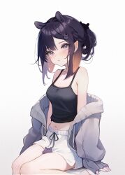 Rule 34 | 1girl, bare shoulders, black camisole, blunt bangs, camisole, collarbone, commentary, derivative work, english commentary, feet out of frame, gradient hair, head tilt, highres, hololive, hololive english, jacket, koahri, looking at viewer, mole, mole under eye, multicolored hair, navel, ninomae ina&#039;nis, orange hair, pointy ears, purple hair, shorts, simple background, solo, takodachi (ninomae ina&#039;nis), tentacle hair, virtual youtuber, white background