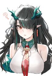 Rule 34 | 1girl, ?, arknights, bare shoulders, black hair, blush, breasts, cropped torso, dragon horns, dress, dusk (arknights), earrings, green hair, hair over one eye, highres, horn/wood, horns, jewelry, large breasts, looking at viewer, multicolored hair, necktie, parted lips, pointy ears, red eyes, red necktie, simple background, sleeveless, sleeveless dress, solo, streaked hair, two-tone hair, upper body, white background, white dress