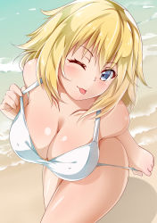 Rule 34 | 1girl, :p, aono (f i s), beach, bikini, bikini pull, blonde hair, blue eyes, breasts, cleavage, clothes pull, commentary request, day, eyelashes, fate/grand order, fate (series), highres, jeanne d&#039;arc (fate), jeanne d&#039;arc (ruler) (fate), large breasts, leaning forward, long hair, ocean, one eye closed, solo, swimsuit, tongue, tongue out, white bikini