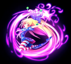 Rule 34 | 1girl, american flag dress, american flag legwear, blonde hair, breasts, clownpiece, dress, glowing, gradient background, hat, jester cap, long hair, looking at viewer, pantyhose, red eyes, short dress, solo, striped clothes, striped pantyhose, touhou, z.o.b