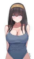 Rule 34 | 1girl, absurdres, alternate costume, arms behind back, bare shoulders, blue eyes, blush, breasts, brown hair, brown hairband, cleavage, collarbone, grey one-piece swimsuit, hairband, highres, idolmaster, idolmaster cinderella girls, large breasts, looking at viewer, one-piece swimsuit, rufei bot, sagisawa fumika, simple background, sketch, solo, swimsuit, twitter username, white background