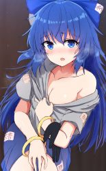 Rule 34 | absurdres, antinomy of common flowers, bare shoulders, blue eyes, blue hair, blush, bracelet, breasts, cleavage, commentary, grey shirt, heart, heart-shaped pupils, highres, jewelry, long hair, medium breasts, open mouth, shirt, shirt hold, solo, symbol-shaped pupils, tksand, touhou, very long hair, yorigami shion