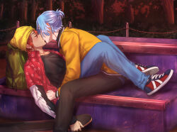 Rule 34 | 2boys, artist name, backpack, bag, black shirt, blue hair, closed eyes, denim, facing another, ghostly day, hair between eyes, hasegawa langa, highres, jacket, jeans, kiss, kyan reki, leaning forward, light blue hair, long sleeves, lying, male focus, multiple boys, on back, outdoors, pants, red hair, red shirt, shirt, shoes, sk8 the infinity, skateboard, sneakers, yaoi, yellow jacket