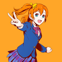 Rule 34 | 1girl, :d, blue eyes, blue jacket, blue skirt, bow, bowtie, collared shirt, dress shirt, gomi, hair between eyes, hair bow, jacket, kosaka honoka, long hair, long sleeves, looking at viewer, love live!, love live! school idol project, miniskirt, open mouth, orange background, orange hair, outstretched arm, pleated skirt, shirt, side ponytail, simple background, skirt, smile, solo, standing, striped bow, striped bowtie, striped clothes, striped neckwear, v, white shirt, wing collar, yellow bow