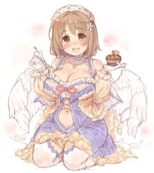 Rule 34 | 1girl, 7010, :d, angel wings, blush, breasts, brown eyes, brown hair, cake, cleavage, commentary request, flower, food, hair flower, hair ornament, holding, holding cake, holding food, holding spoon, idolmaster, idolmaster cinderella girls, large breasts, looking at viewer, mimura kanako, open mouth, short hair, sitting, smile, solo, spoon, thighhighs, wariza, white background, white thighhighs, white wings, wings