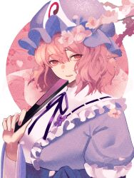 Rule 34 | 1girl, blue kimono, blue sleeves, cherry blossoms, chitose800, collar, frilled collar, frills, hand fan, hat, highres, holding, holding fan, japanese clothes, kimono, looking at viewer, mob cap, open mouth, pink hair, puffy sleeves, red eyes, saigyouji yuyuko, short hair, smile, solo, touhou, triangular headpiece, wide sleeves