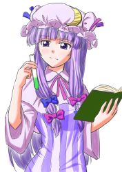 Rule 34 | 1girl, alternate color, blue bow, blue ribbon, book, bow, commentary request, cowboy shot, crescent, crescent pin, graphite (medium), hair bow, hat, hat ribbon, highres, light smile, long hair, mechanical pencil, open book, patchouli knowledge, pencil, potion, purple bow, purple eyes, purple hair, purple ribbon, raised eyebrow, ribbon, shino-puchihebi, simple background, smile, solo, test tube, touhou, traditional media, upper body, very long hair, white background