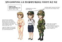 Rule 34 | 1girl, anatomy, blonde hair, breasts, female focus, female soldier, gogocherry, highres, korean text, military, military uniform, nipples, nude, sex slave, skirt, solo, uniform, variations, white background
