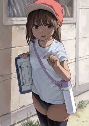 Rule 34 | 1girl, :d, absurdres, baseball cap, between breasts, bottle, breasts, brown eyes, brown hair, buruma, clipboard, commentary request, cowboy shot, furrowed brow, groin, gym shirt, gym uniform, hat, highres, holding, holding clipboard, looking at viewer, medium hair, nervous, nervous smile, open mouth, original, outdoors, pointing, red hat, shirt, short sleeves, small breasts, smile, solo, strap, strap between breasts, susu (ysy), sweatdrop, thighhighs, thighs, three quarter view, water bottle, white shirt