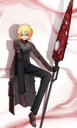 Rule 34 | 1girl, black pants, blonde hair, brown coat, brown eyes, brown footwear, brown gloves, closed mouth, coat, cosplay, don quixote (project moon), e.g.o (project moon), eyeball, gloves, grey shirt, highres, holding, holding weapon, kali (project moon), kali (project moon) (cosplay), lance, library of ruina, limbus company, living weapon, lobotomy corporation, mell 716, open clothes, open coat, pants, polearm, project moon, shadow, shirt, short hair, sitting, smile, solo, twitter username, weapon