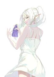 Rule 34 | 1girl, bare shoulders, dress, earrings, elf, frieren, green eyes, highres, jewelry, long hair, looking at viewer, looking back, mmi ryu, pointy ears, potion, simple background, sleeveless, sleeveless dress, smile, solo, sousou no frieren, twintails, white background, white dress, white hair