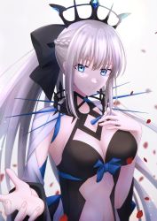Rule 34 | 1girl, absurdres, black bow, black dress, blue eyes, blue ribbon, bow, braid, breasts, cleavage, clothing cutout, commentary request, dress, fate/grand order, fate (series), french braid, grey hair, hair between eyes, hair bow, hand on own chest, highres, large breasts, long hair, long sleeves, looking at viewer, morgan le fay (fate), petals, ponytail, reaching, reaching towards viewer, ribbon, rina sukareltuto, sidelocks, smile, solo, spikes, stomach cutout, tiara, very long hair, white sleeves, wide sleeves