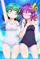 Rule 34 | !?, 2girls, alternate costume, arm up, armpits, black hairband, blush, breasts, bwell, cameltoe, cleavage, closed mouth, commentary request, covered erect nipples, cowboy shot, emphasis lines, eyeball, green eyes, green hair, hair between eyes, hair ornament, hairband, heart, heart hair ornament, highres, implied fingering, in water, incest, komeiji koishi, komeiji satori, lens flare, looking at another, looking to the side, medium breasts, multiple girls, ocean, one-piece swimsuit, purple eyes, purple hair, red eyes, short hair, siblings, sisters, smile, swimsuit, third eye, touhou, water, wavy hair