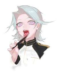 Rule 34 | 1girl, bad id, bad pixiv id, blood, bloody weapon, cropped torso, forked tongue, grey hair, holding, holding knife, jacket, knife, licking, long sleeves, looking at viewer, military, military jacket, military uniform, ohisashiburi, open mouth, original, pink eyes, sharp teeth, short hair, simple background, solo, teeth, tongue, tongue out, uniform, upper body, uvula, weapon, white background