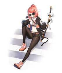 Rule 34 | 1girl, ;p, absurdres, bare shoulders, belt, black jacket, black shorts, breasts, brown pantyhose, closers, crooked eyewear, crop top, elbow gloves, gloves, highres, holding, holding sword, holding weapon, jacket, katana, knee up, long hair, long sleeves, looking at viewer, luna aegis (closers), medium breasts, micro shorts, midriff, nail polish, navel, off shoulder, official art, one eye closed, open clothes, open jacket, orange hair, pantyhose, pink footwear, ponytail, purple eyes, sheath, sheathed, shirt, shoes, shorts, sitting, sleeveless, sleeveless shirt, sleeveless turtleneck, solo, stomach, sunglasses, sword, thighband pantyhose, tongue, tongue out, turtleneck, weapon, white background, white gloves, white shirt