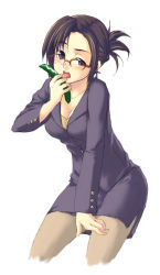 Rule 34 | 1girl, blue eyes, blush, breasts, brown hair, brown pantyhose, cleavage, cropped legs, cucumber, female focus, formal, glasses, jacket, leaning forward, licking, long sleeves, miniskirt, pantyhose, pencil skirt, ponytail, red-framed eyewear, short hair, simple background, skirt, skirt suit, solo, suit, teacher, tongue, white background