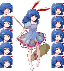 Rule 34 | 1girl, :d, ^ ^, alphes (style), ambiguous red liquid, animal ears, blood, bloody weapon, blue hair, blush, rabbit ears, closed eyes, crescent, crying, crying with eyes open, dairi, dress, earclip, expressions, closed eyes, facial expressions, full body, kine, legacy of lunatic kingdom, long hair, looking at viewer, mallet, multi-tied hair, multiple views, open mouth, parody, red eyes, seiran (touhou), smile, smug, socks, stain, standing, star (symbol), style parody, surprised, tachi-e, tears, touhou, transparent background, weapon