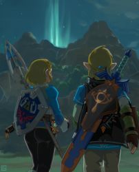 Rule 34 | 1boy, 1girl, ass, black cape, blue tunic, braid, cape, commentary, crown braid, day, english commentary, fingerless gloves, gloves, highres, hylian shield, link, master sword, mountainous horizon, night, nintendo, outdoors, overlord jc, pants, pointy ears, polearm, princess zelda, scabbard, sheath, sheathed, sheikah slate, shield, shield on back, short hair, short ponytail, sidelocks, spear, sword, sword behind back, the legend of zelda, the legend of zelda: breath of the wild, the legend of zelda: tears of the kingdom, tight clothes, tight pants, tunic, weapon, weapon on back