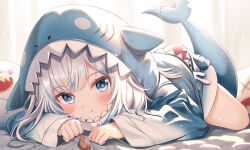 Rule 34 | 1girl, :q, animal hood, bed sheet, blue eyes, blue hair, blue hoodie, blurry, blurry background, blush, closed mouth, commentary request, curtains, depth of field, fins, fish tail, gawr gura, gawr gura (1st costume), grey hair, hololive, hololive english, hood, hood up, hoodie, indoors, lokyin house, long sleeves, looking at viewer, multicolored hair, shark hood, shark tail, sleeves past wrists, smile, solo, streaked hair, tail, tongue, tongue out, virtual youtuber, wide sleeves