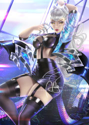 Rule 34 | 1girl, ally loren, city, city lights, claws, cropped jacket, demon girl, evelynn (league of legends), garter straps, kneehighs, latex, league of legends, long hair, looking at viewer, lying, makeup, official alternate costume, open clothes, shiny clothes, silver hair, skirt, socks, the baddest evelynn, yellow eyes