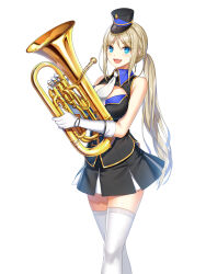 Rule 34 | 1girl, :d, alternate hair color, band uniform, bare shoulders, black headwear, black jacket, black skirt, blonde hair, blue eyes, breasts, buttons, cleavage cutout, closers, clothing cutout, collared jacket, double-breasted, euphonium, feet out of frame, fold-over gloves, gloves, hands up, hat, highres, holding, holding instrument, impossible clothes, impossible jacket, instrument, jacket, large breasts, long hair, looking at viewer, looking to the side, marching band, mini shako cap, miniskirt, necktie, official art, open mouth, parted bangs, pleated skirt, ponytail, shako cap, sidelocks, skirt, sleeveless, sleeveless jacket, smile, solo, teeth, thighhighs, uniform, upper teeth only, very long hair, walking, white background, white gloves, white necktie, white thighhighs, wing collar, yuri seo, zettai ryouiki