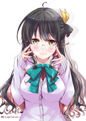 Rule 34 | 10s, 1girl, :3, adjusting eyewear, ahoge, aqua bow, aqua bowtie, artist name, between breasts, black hair, blush, bow, bowtie, breasts, buttons, cardigan, closed mouth, collared shirt, fingernails, glasses, hair ribbon, half updo, kantai collection, large breasts, long hair, long sleeves, looking at viewer, mikage takashi, multicolored hair, naganami (kancolle), pink hair, ribbon, rimless eyewear, shadow, shirt, simple background, sleeves past wrists, smile, solo, twitter username, two-tone hair, upper body, wavy hair, white background, white shirt, yellow eyes