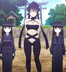 Rule 34 | 3girls, anime screenshot, bare shoulders, black eyes, black hair, breasts, character request, cleavage, curvy, forest, hair ribbon, halterneck, highres, japanese clothes, kagami kanaka, kimono, large breasts, long hair, looking at viewer, multiple girls, nature, ribbon, screencap, sky, smile, standing, tsugumomo, upper body